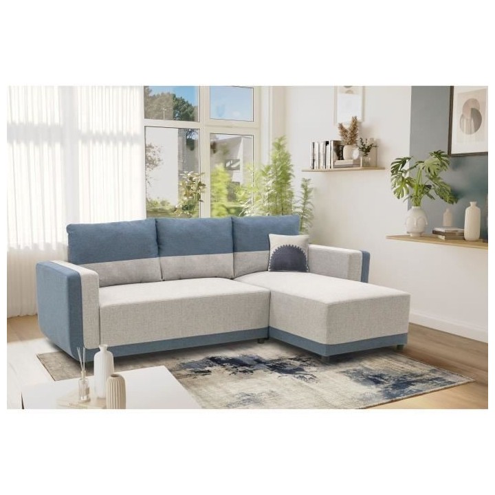 Canapé d'angle convertible réversible ELROY 3-4 places - Tissu gris