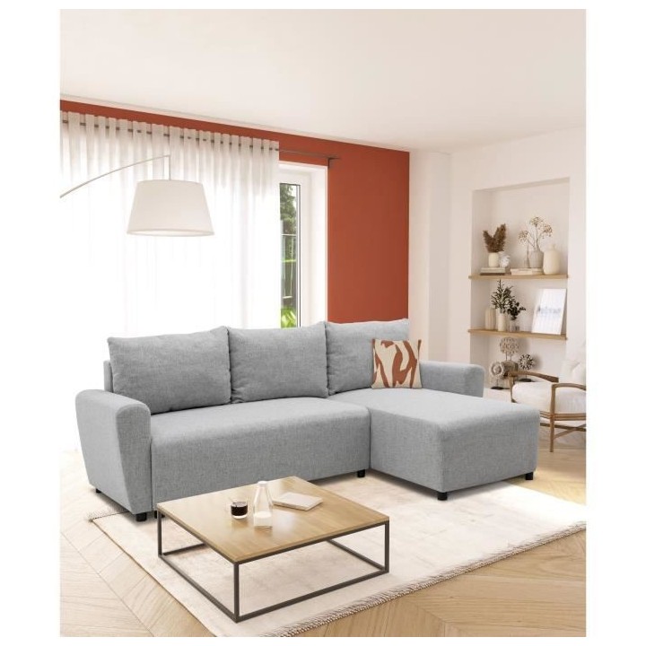 Canapé d'angle convertible 3-4 places STEWART - Tissu gris souris - L