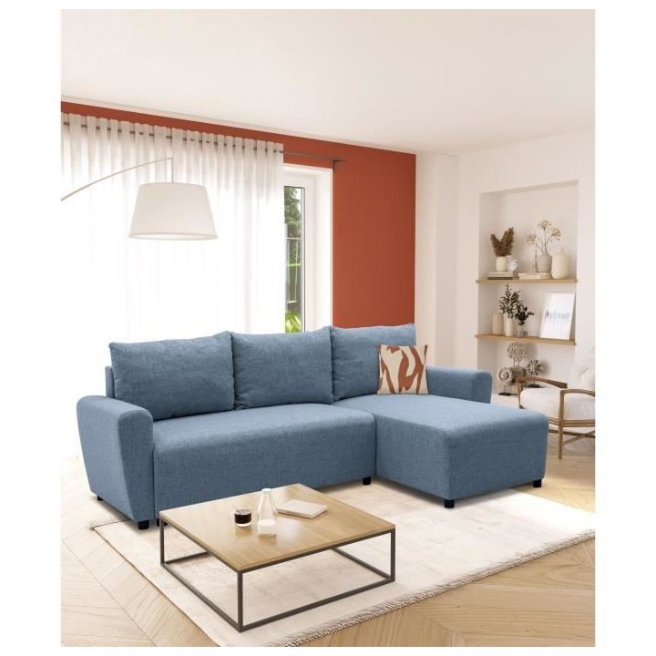 Canapé d'angle convertible 3-4 places STEWART - Tissu bleu - L224 x H