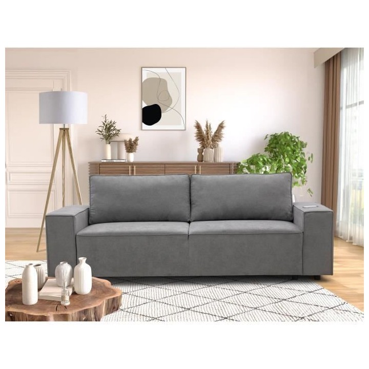 Canapé droit convertible 3 places JOSH - Tissu gris - Coffre de range