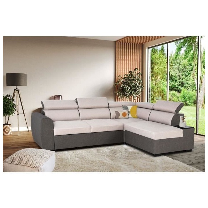 Canapé d'angle réversible convertible - 4 places - Tissu Beige et PU