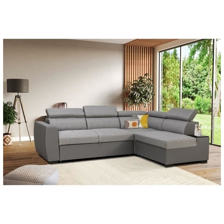 Canapé d'angle convertible réversible 4 a 5 places - PU et Tissu gri