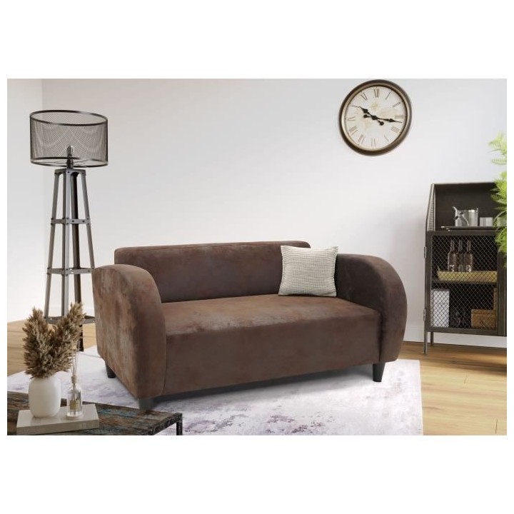 Canapé 2 places LINCOLN - Tissu marron vieilli - Style Vintage - L138