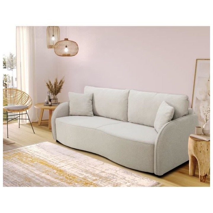 Canapé convertible BARI 3 places - Tissu beige - Coffre de rangement