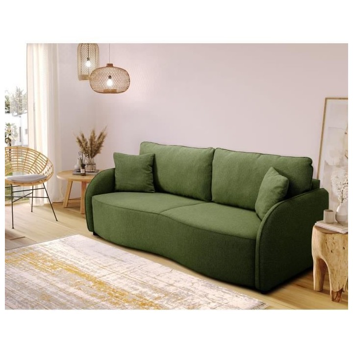 Canapé convertible BARI 3 places - Tissu olive - Coffre de rangement
