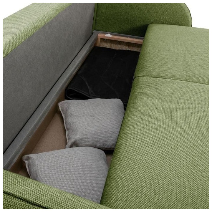 Canapé convertible BARI 3 places - Tissu olive - Coffre de rangement