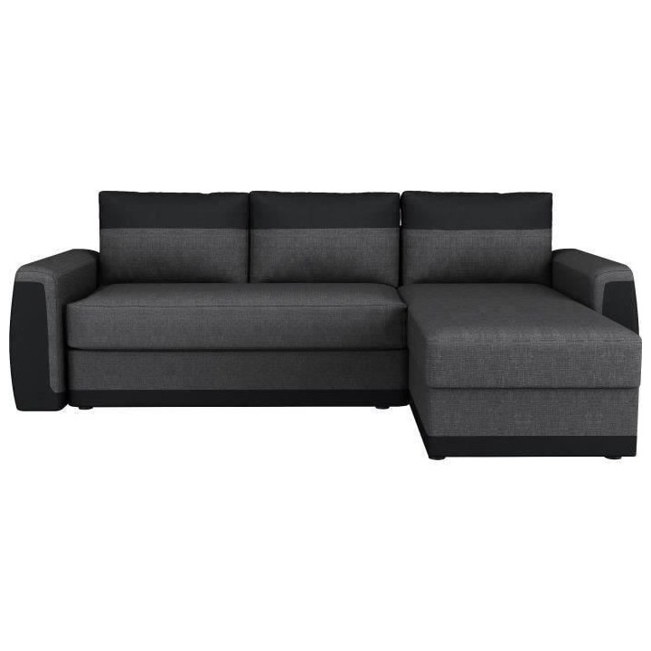 Canapé d'angle convertible 3 places JAMES - Simili noir et tissu gris
