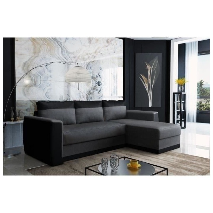 Canapé d'angle convertible 3 places JAMES - Simili noir et tissu gris