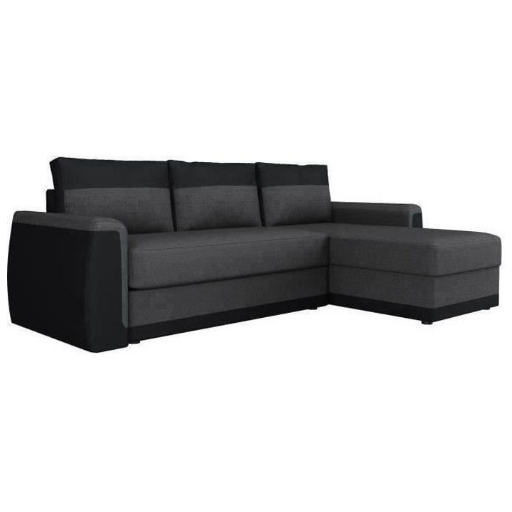 Canapé d'angle convertible 3 places JAMES - Simili noir et tissu gris