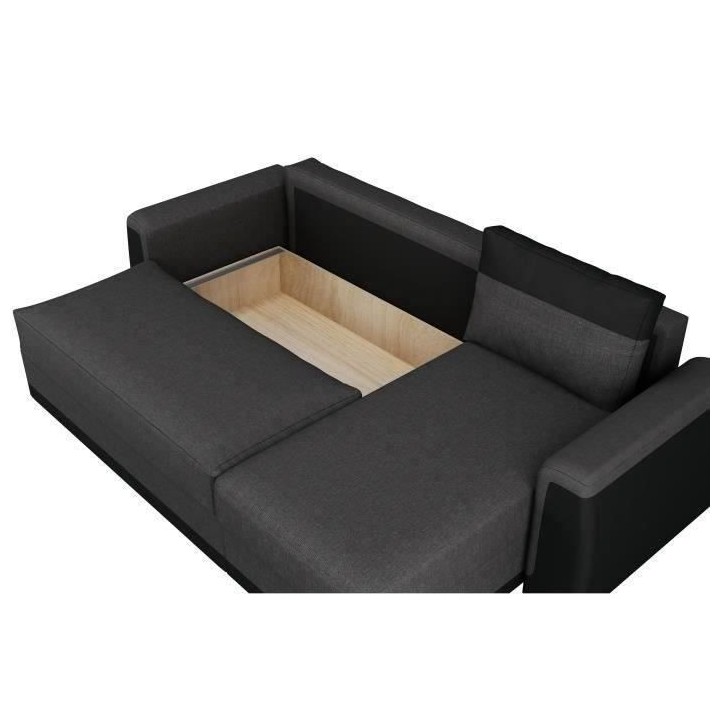 Canapé d'angle convertible 3 places JAMES - Simili noir et tissu gris