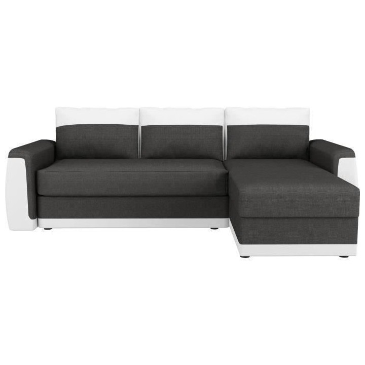 Canapé d'angle convertible 3 places JAMES- Simili blanc et tissu gris
