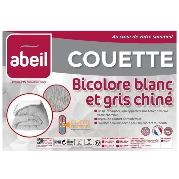 ABEIL Couette tempérée BICOLORE 200x200cm - Blanc & Gris chiné