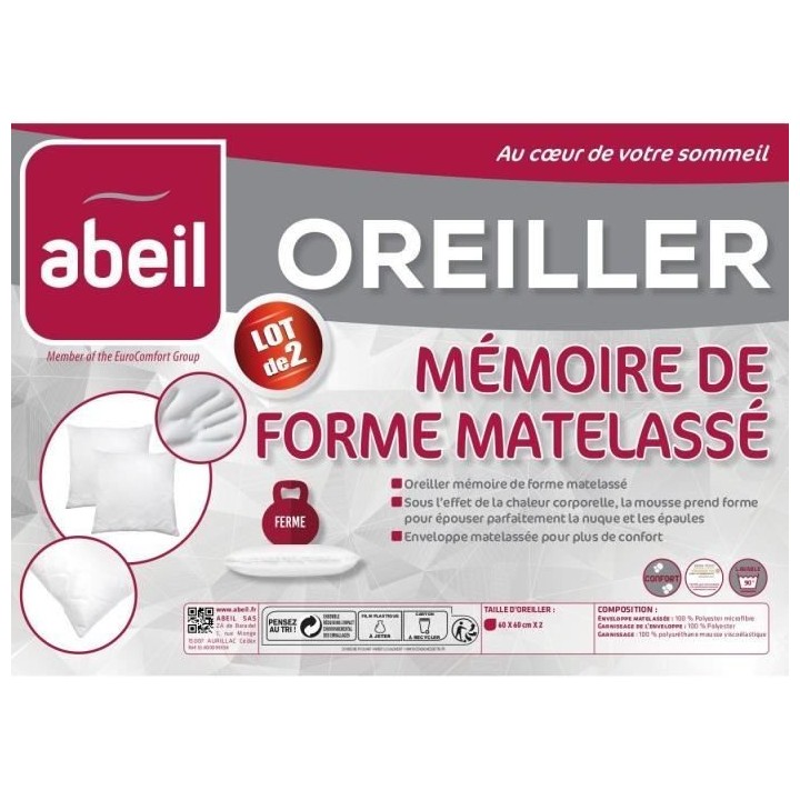 ABEIL Lot de 2 Oreillers a mémoire de forme matelassés- 60x60 cm - B