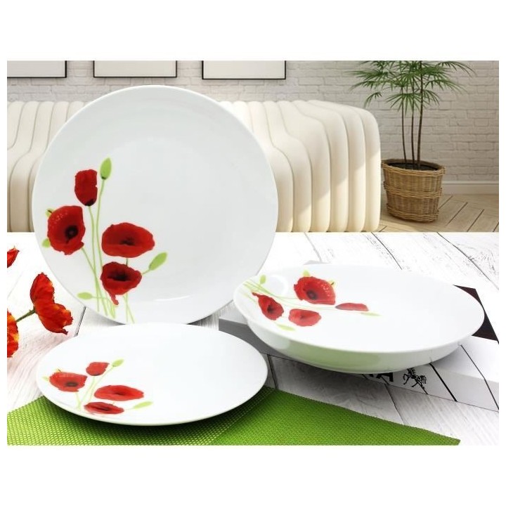 Service de Table 18 pieces en porcelaine Coquelicot rouge et blanc