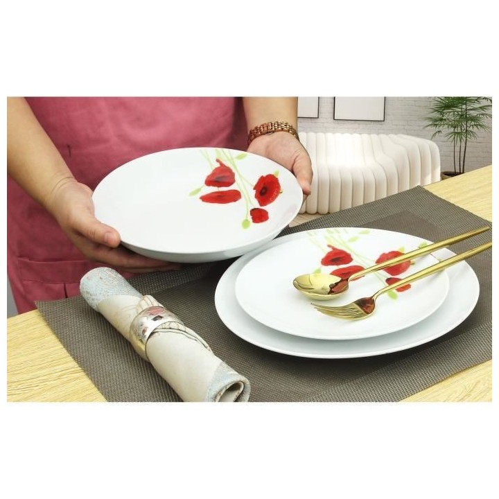 Service de Table 18 pieces en porcelaine Coquelicot rouge et blanc