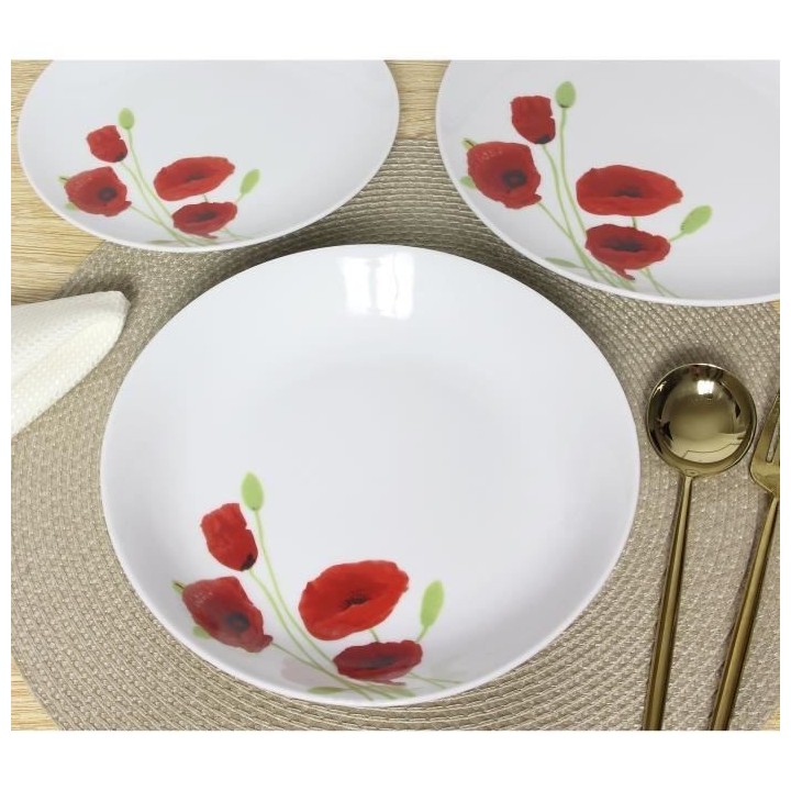 Service de Table 18 pieces en porcelaine Coquelicot rouge et blanc