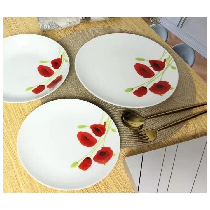 Service de Table 18 pieces en porcelaine Coquelicot rouge et blanc