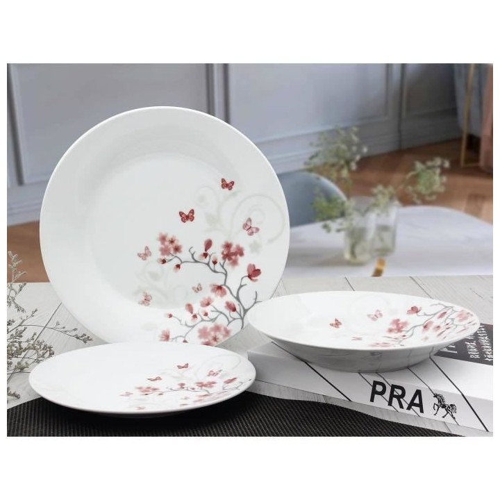 Service de Table 18 pieces en porcelaine Papillons rouge