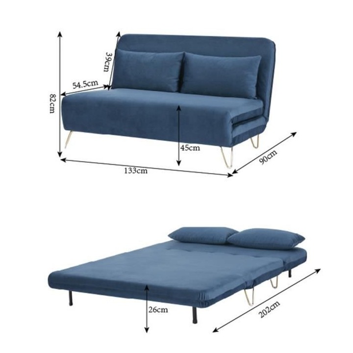 Banquette convertible 2 places - Velours Bleu - Style scandinave - L 1