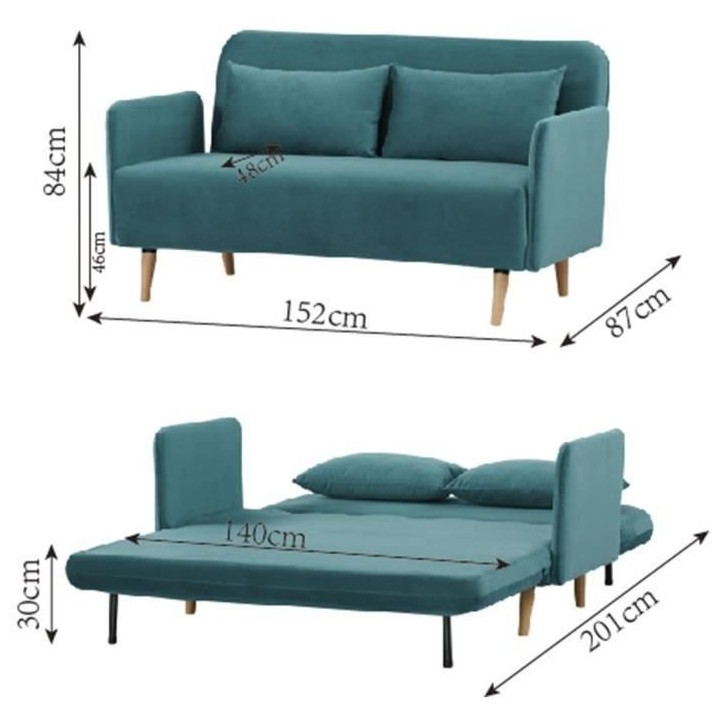 Canapé BZ DEPLO 2 places - Tissu bleu canard 140 - L 152 x P 90 x H 8