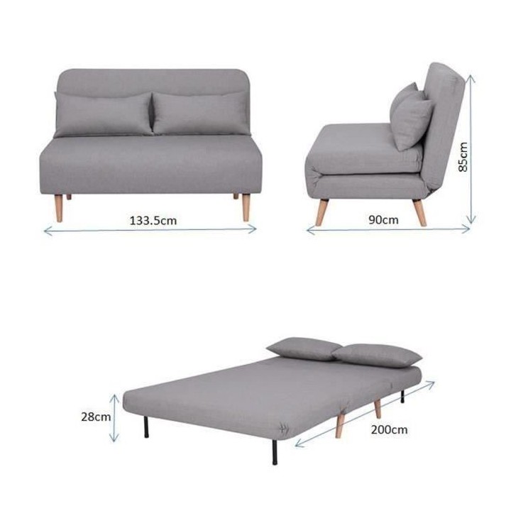 Banquette BZ 2 places - Style scandinave gris - L 130 x P 90 x 81 cm -