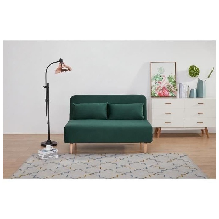 Banquette BZ 2 places - Style scandinave - Velours vert - L 130 x P 90