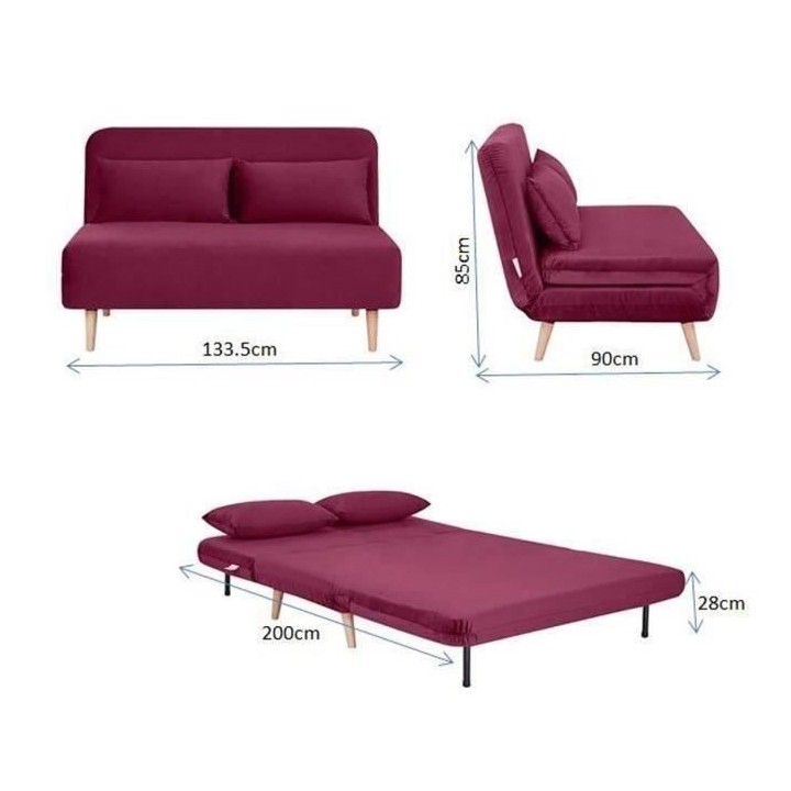 Banquette BZ 2 places - Style scandinave - Velours rose foncé - L 130