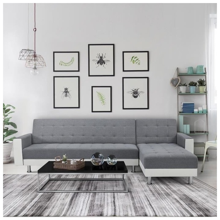 Canapé d'angle 3 places réversible - Tissu gris et simili blanc - Pi