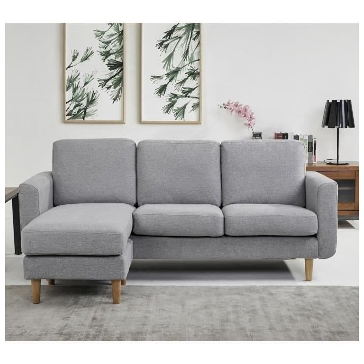 Canapé d‘angle reversible - Tissu gris clair avec piétement en boi