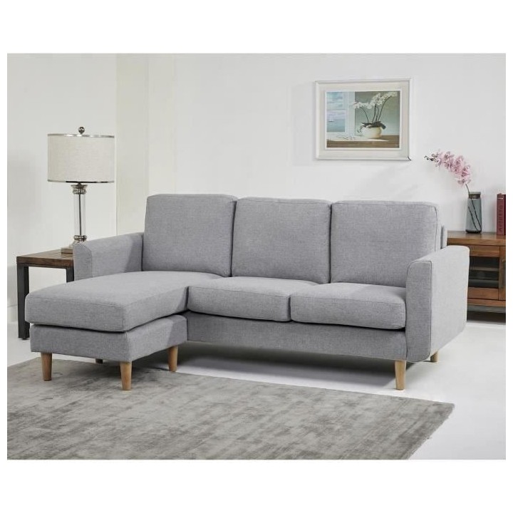 Canapé d‘angle reversible - Tissu gris clair avec piétement en boi