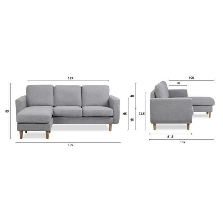 Canapé d‘angle reversible - Tissu gris clair avec piétement en boi