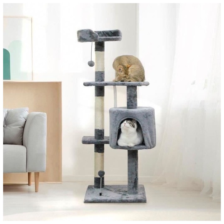 JASPER Arbre a chat gris 40 x 40 x 114 cm -3 plateformes, 1 niche, pot