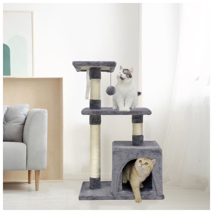 POPPY Arbre a chat gris 50 x 30 x 80 cm - 2 plateformes, 1 niche, pote