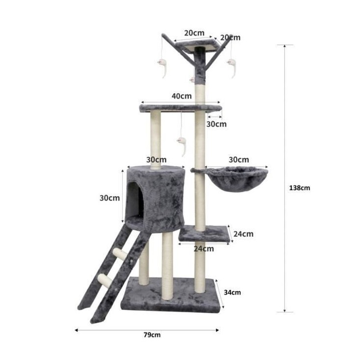 JIPSY Arbre a chat gris 79 x 34 x 138 cm - 3 plateformes, 1 perchoir,