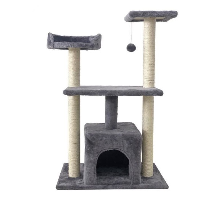 ROMY Arbre a chat gris 60 x 40 x 95cm - 3 plateformes, 1 niche poteaux