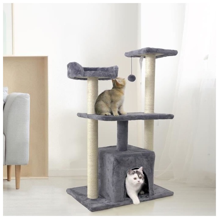 ROMY Arbre a chat gris 60 x 40 x 95cm - 3 plateformes, 1 niche poteaux