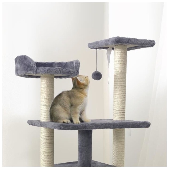 ROMY Arbre a chat gris 60 x 40 x 95cm - 3 plateformes, 1 niche poteaux