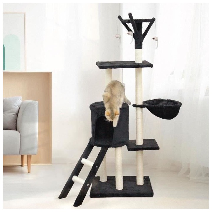 JIPSY Arbre a chat noir 79 x 34 x 138 cm - 3 plateformes, 1 perchoir,
