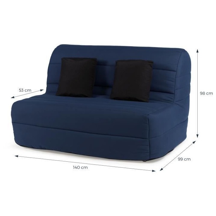 DUNLOPILLO Banquette BZ - Tissu Marine + 2 coussins noir - L 140 x P 9