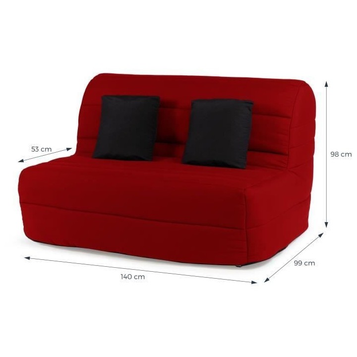 Banquette BZ DUNLOPILLO - Tissu Rouge - 140x190cm - 2 coussins noir