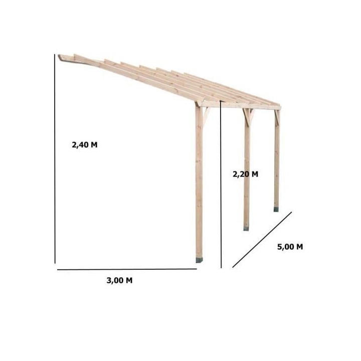 Carport mural en bois Autoclave 15 m² - ALTONA - 3 x 5 m - Pin trait