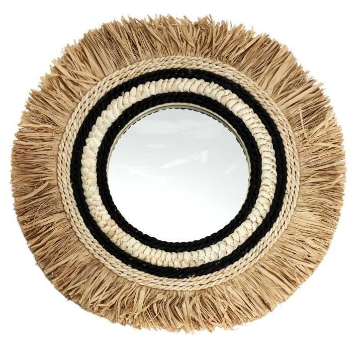 Miroir mural M4 - Forme rond - Cadre raphia - Naturel - HOME DECO FACT
