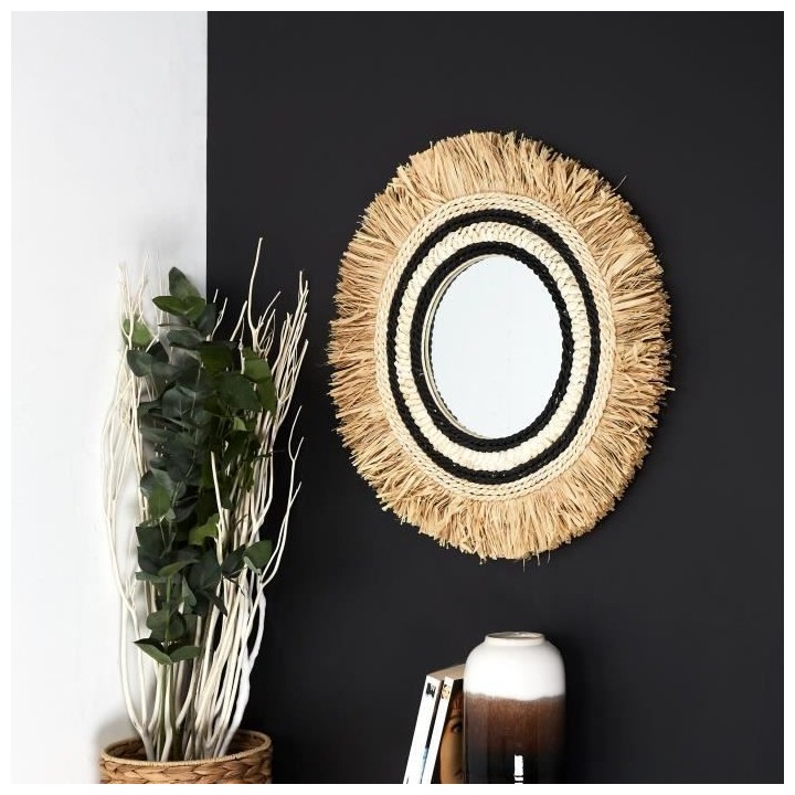 Miroir mural M4 - Forme rond - Cadre raphia - Naturel - HOME DECO FACT