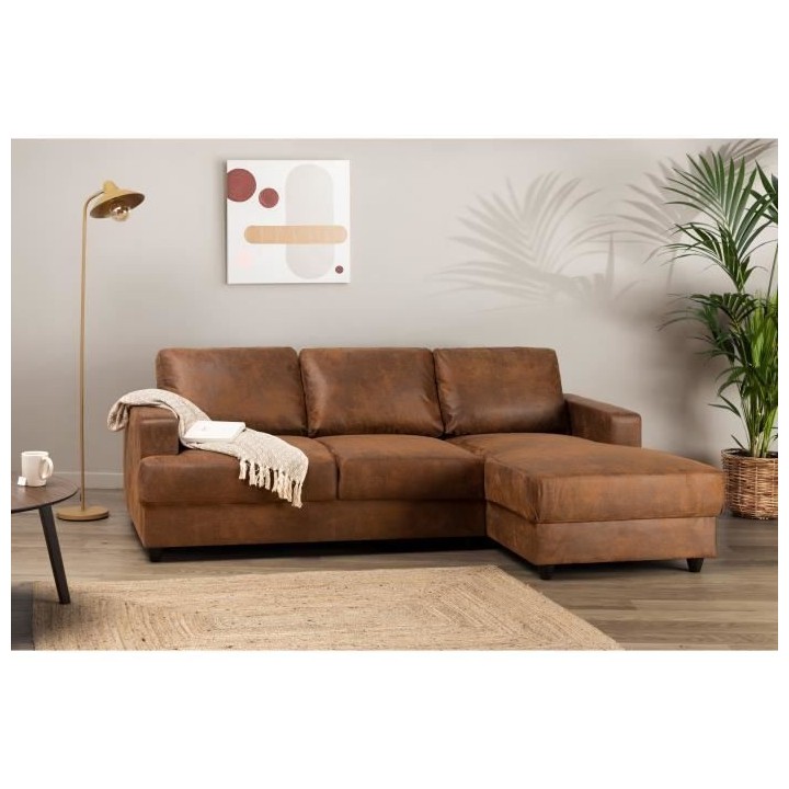 Canapé d'angle droit 4 places - Tissu marron vintage - Contemporain -