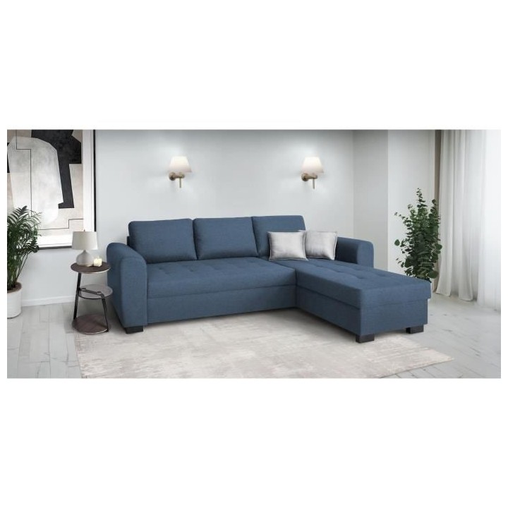Canapé d'angle fixe réversible 4 places - Tissu Bleu - L245 x P150 x