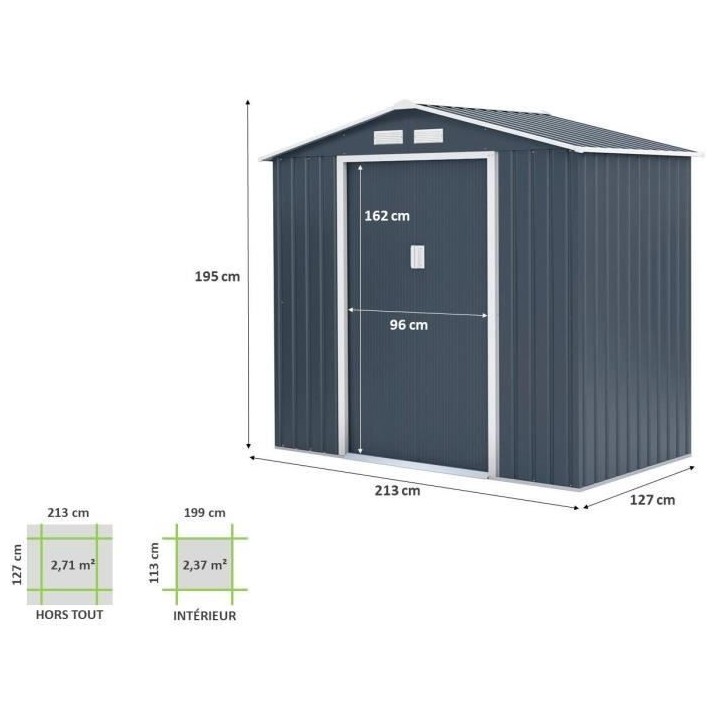 Abri de jardin en métal 2,71 m² - 213 x 127 x 195 cm - Kit d'ancrage