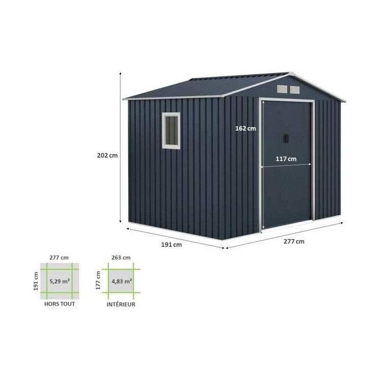 Abri de jardin en métal 	5,29 m² - 277 x 191 x 202 cm - Kit d'ancrag