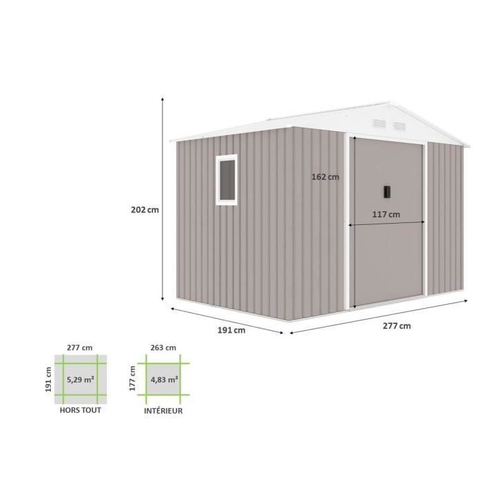 Abri de jardin en métal 5,29 m² - Kit d'ancrage inclus - Taupe
