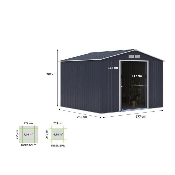 Abri de jardin en métal 7,06 m² - 277 x 255 x 202 cm - Kit d'ancrage