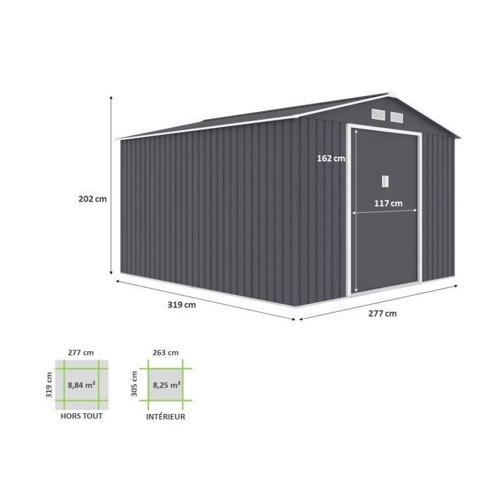 Abri de jardin en métal 8,84 m² - 277 x 319 x 202 cm - Kit d'ancrage